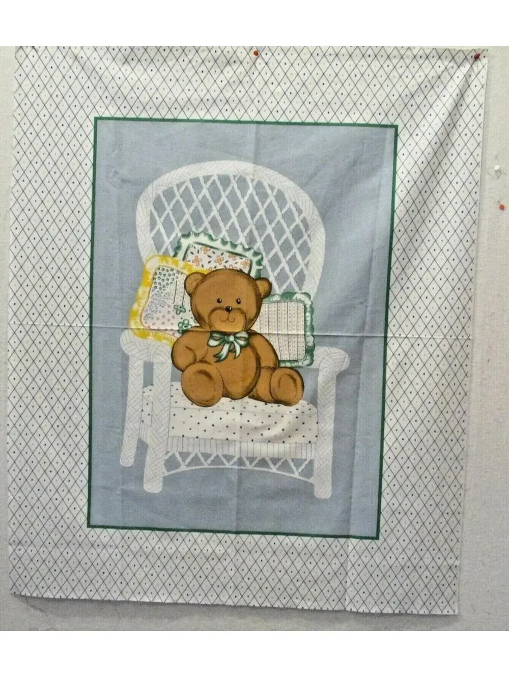 Big Stuffed Teddy Bear sitting in large Wicker Chair 100% Cotton Quilting Panel
